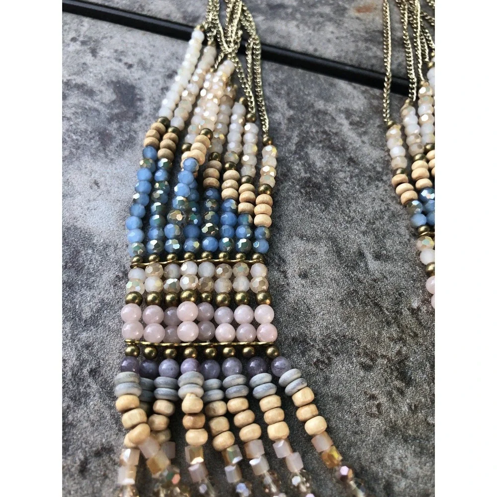 Nakamol Beaded Necklace 8 Strand Blue Ivory Gold Indie Coastal Beach 24